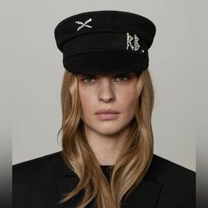Crystal-embellished Black Wool Baker Boy Cap